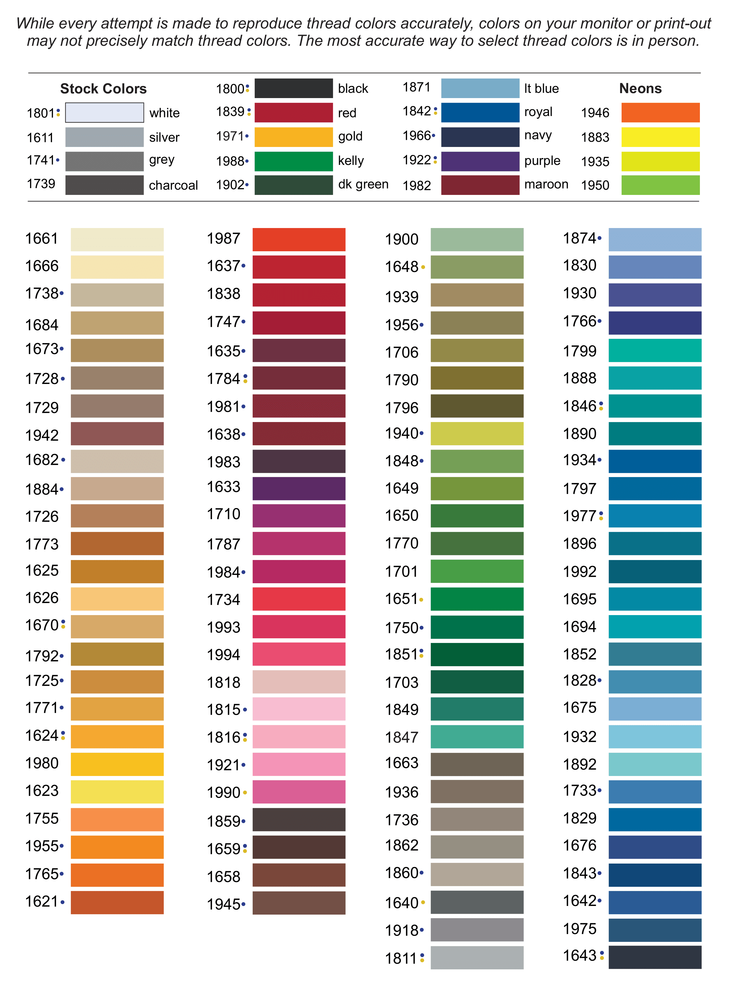 Signature Embroidery Thread Color Chart